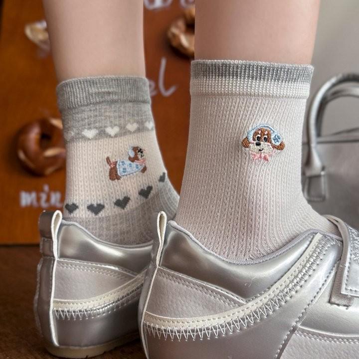 Korean Style Cartoon Puppy Embroidered Mesh Ruffle Socks for Girls, Breathable Mid-Calf Length