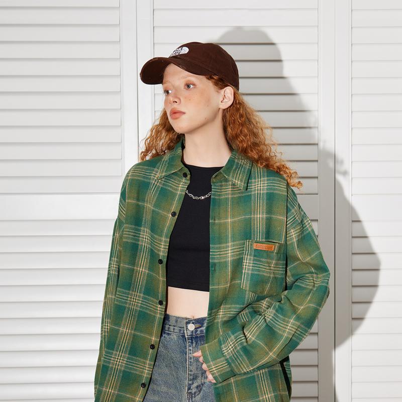 

Американская Ретро Оверсайз Клетчатая Рубашка: Повседневная куртка с длинным рукавом XL зелёный