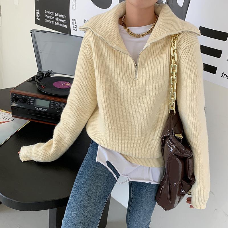 Women's Knitted Sweater Lapel Zipper Sweater Women's Autumn and Winter Loose Lazy Wind Outer Pullover