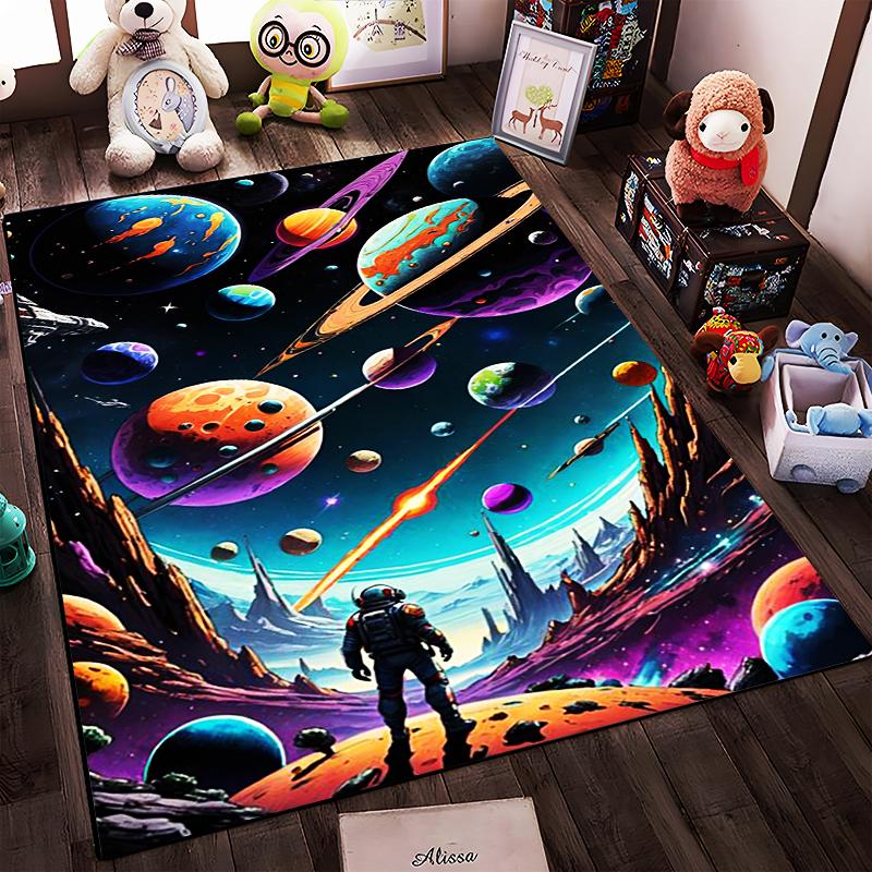 Colorful Space Adventure Carpet with Astronaut and Planetary Design Suitable for use as an anti-slip for living room bedroom sofas