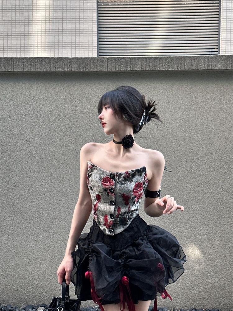 Sexy Bow Print Two Piece Set Women Summer Strapless Rose Tops + Mini Cake Skirt Female Korean Fashion Streetwear Party New Suits