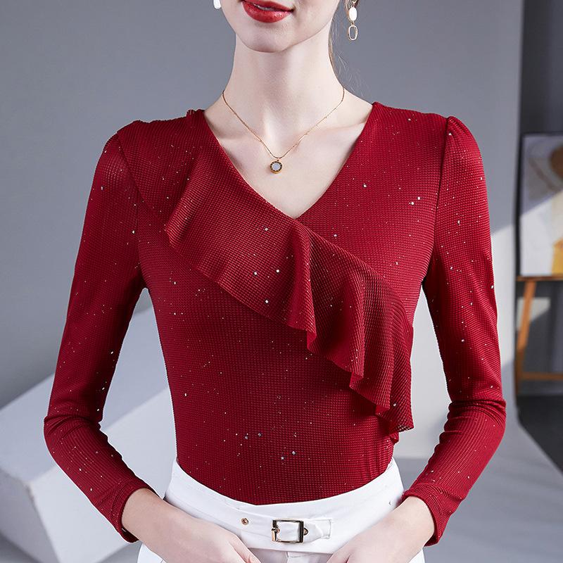 V-Neck Ruffled Short Sleeved T-Shirt Women's Summer Slim Solid Color High Strecth Mesh Tops Blusas