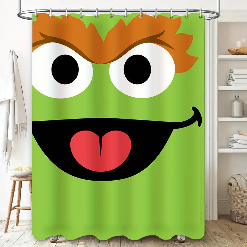 Green Monster Face Shower Curtain: Fun Bathroom Decor for Kids Adults Waterproof Fabric with Hook Rings (180 x 180 cm)