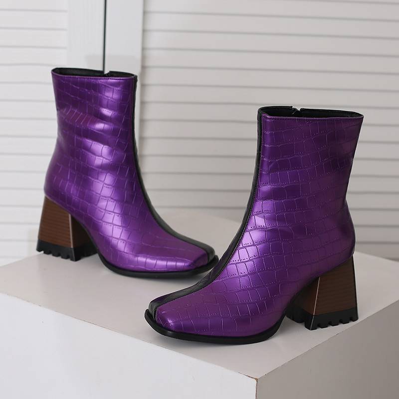 Krazing Pot Polyurethane Autumn Winter Shoes 47 Size 48 Chelsea Boots Gingham Prints Square Toe Plus Size Keep Warm Ankle Boots