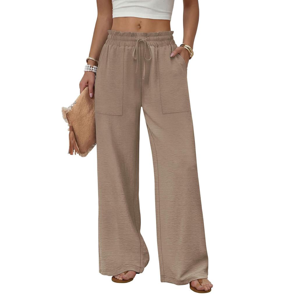 Women's High Waist Wide Leg Pants with Pockets Drawstring Loose Fit for Beach Vacation Casual