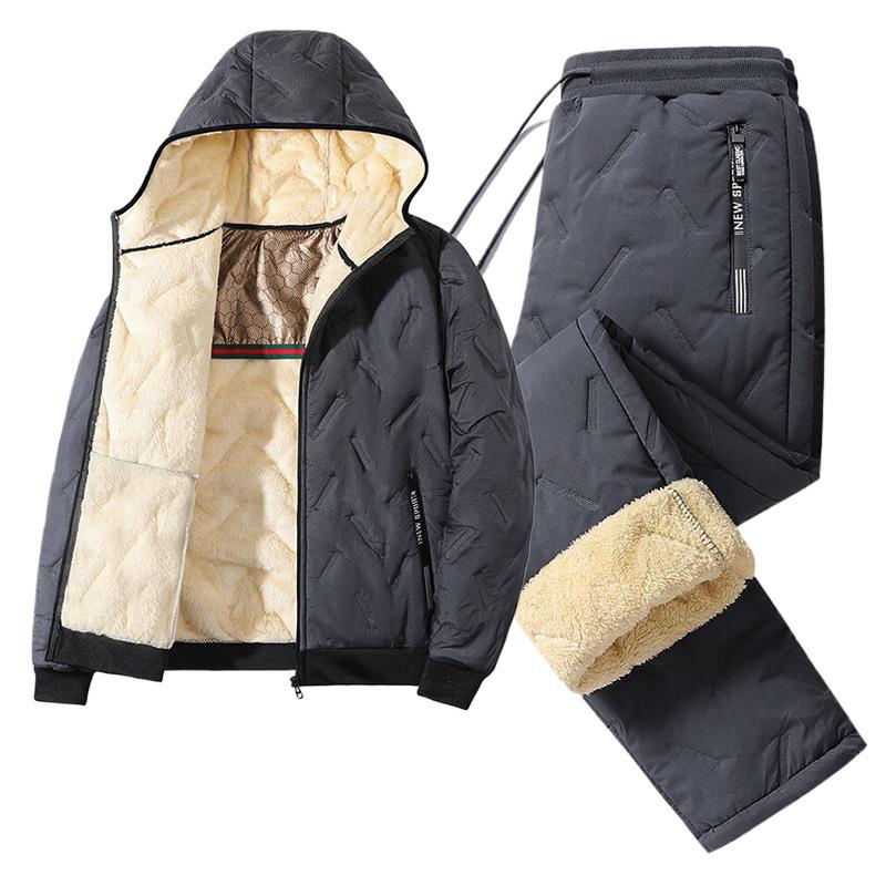 M-8XL Men's Sports Set Graphene Youth Lamb Fleece Cotton Jacket Casual Plus Thick Fleece Warm Winter Two Piece Set