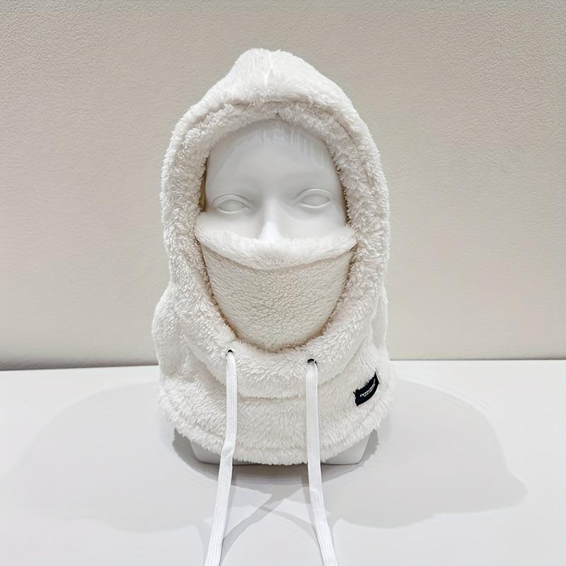 1PC Women's Winter Plush Mask Cap - Elastic Drawstring Closure, Light and Warm, Solid Color Soft Polyester Fiber Material, Hand Washable