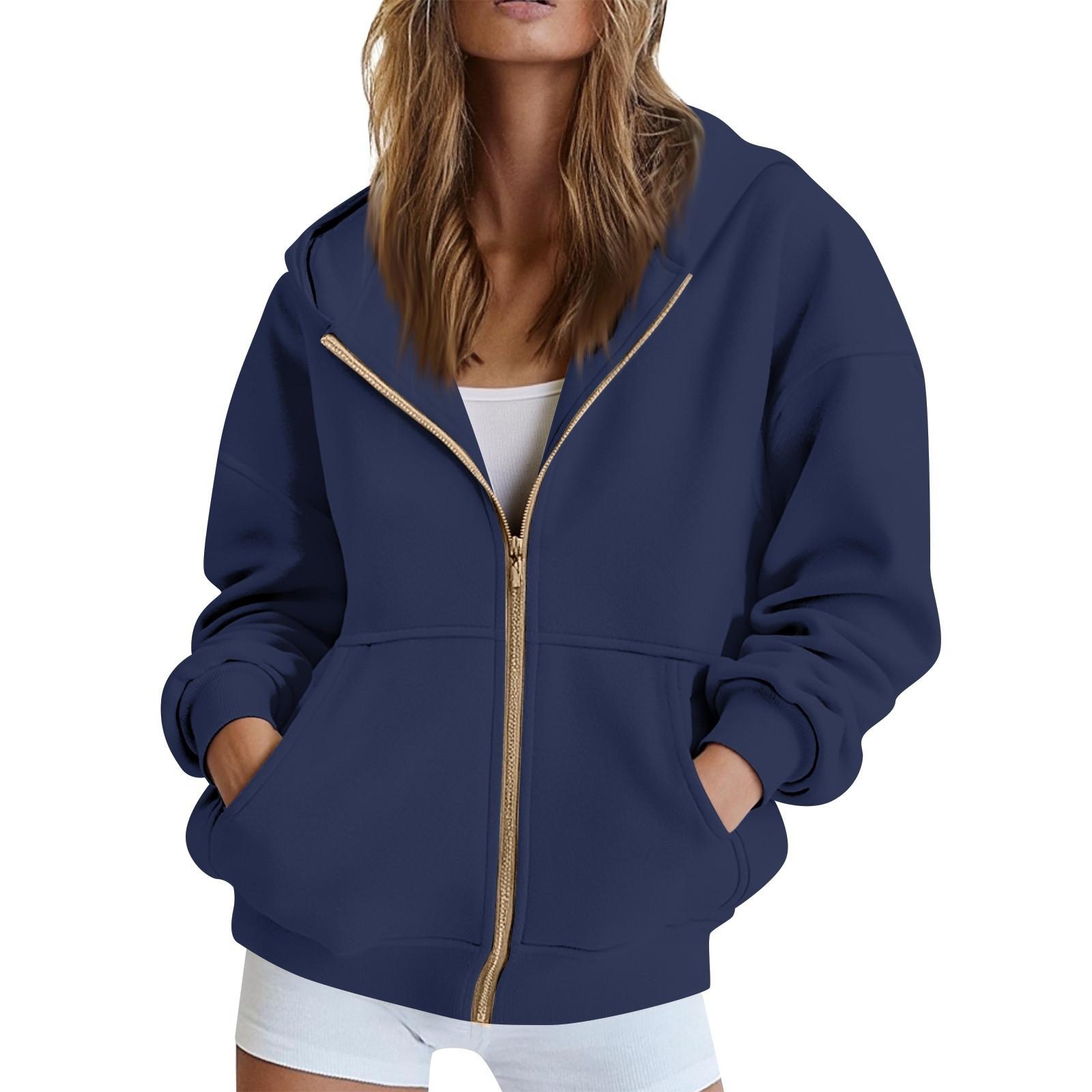 

Women s Solid Color Casual Fashion Long Sleeve Zipper Hooded Sweatshirt Jacket S тёмно-синий