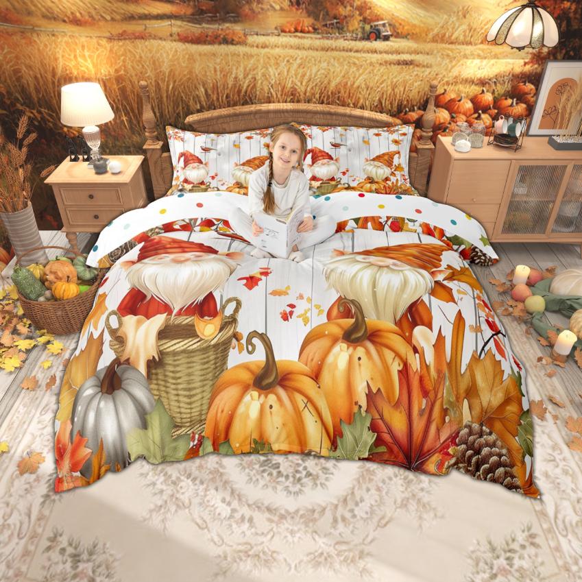 Homewish Autumn Gnome Duvet Cover Set For Kids Thanksgiving Day Gifts Bedding Set Watercolor Pumpkin Bed Set Room Decor