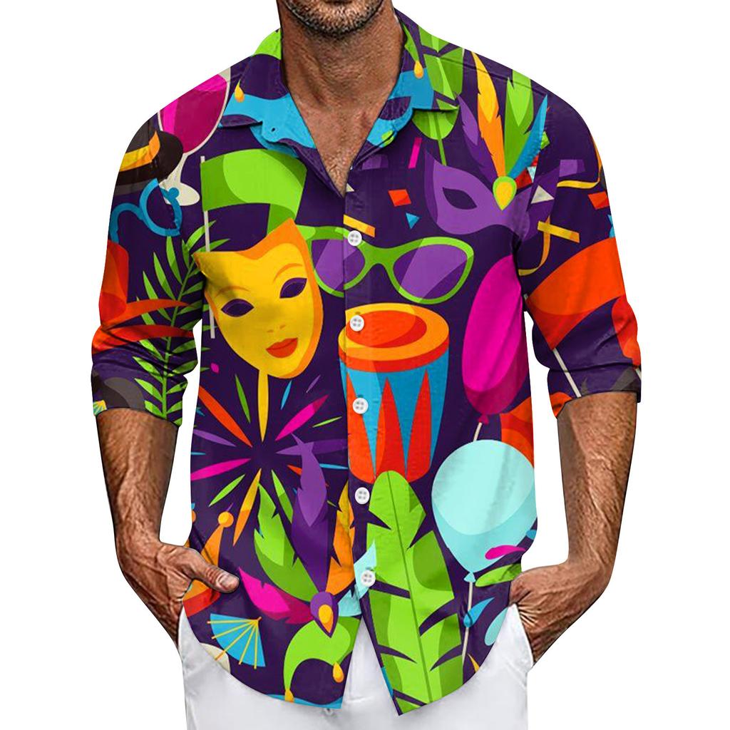 Men's Summer New Loose Print Long Sleeve Shirt Cardigan Beach Shirt
