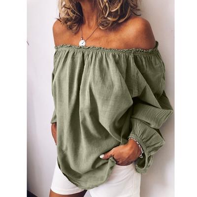 Women's Casual Long Sleeve Shirts Pleated Loose T-shirts Chiffon Blouses Ladies Elastic Neck Off Shoulder Solid Color Linen Tops