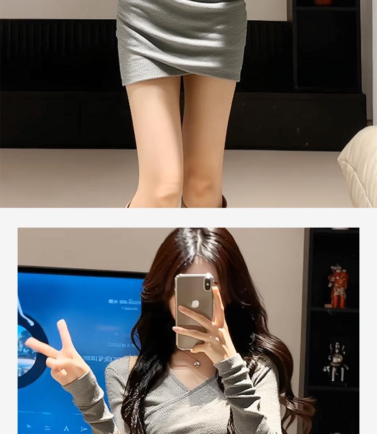 2026 Women's Gray V-Neck Slim Fit Short Skirt - Sexy Winter Inner Wear Dress