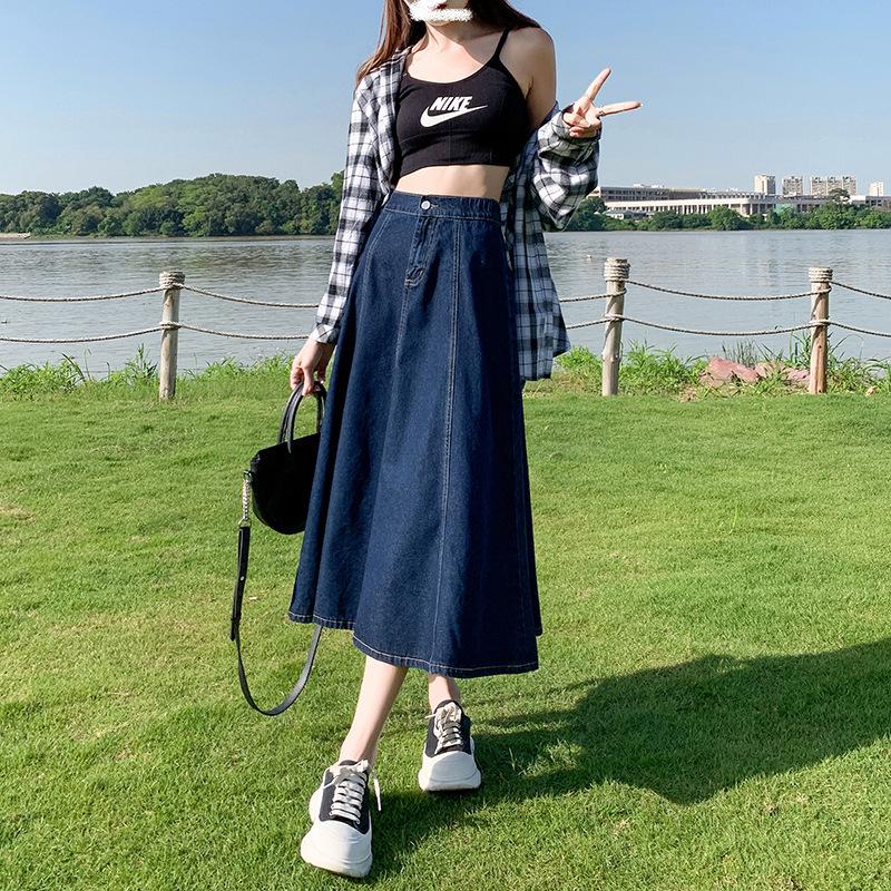 

Женская джинсовая юбка-миди с высокой талией, весна/лето 2023 года, А-силуэт, плиссированная юбка миди Double Extra Large темно-синий