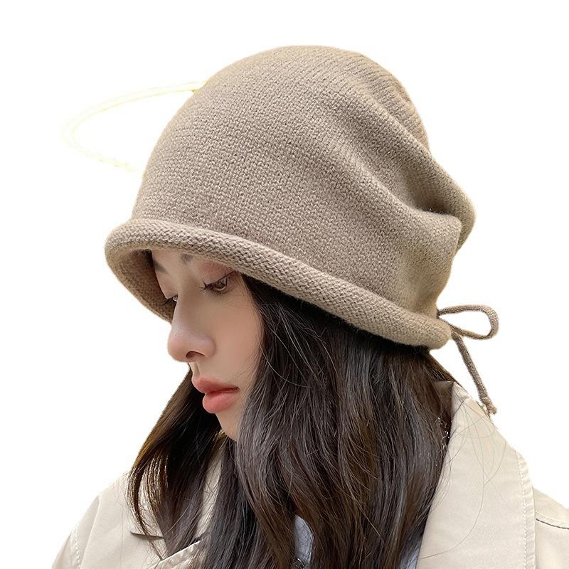 Pullover Hat Girls Drawstring Curling Lazy Wind Stacking Hat Baotou Hat Men's Solid Color Knitted Hat