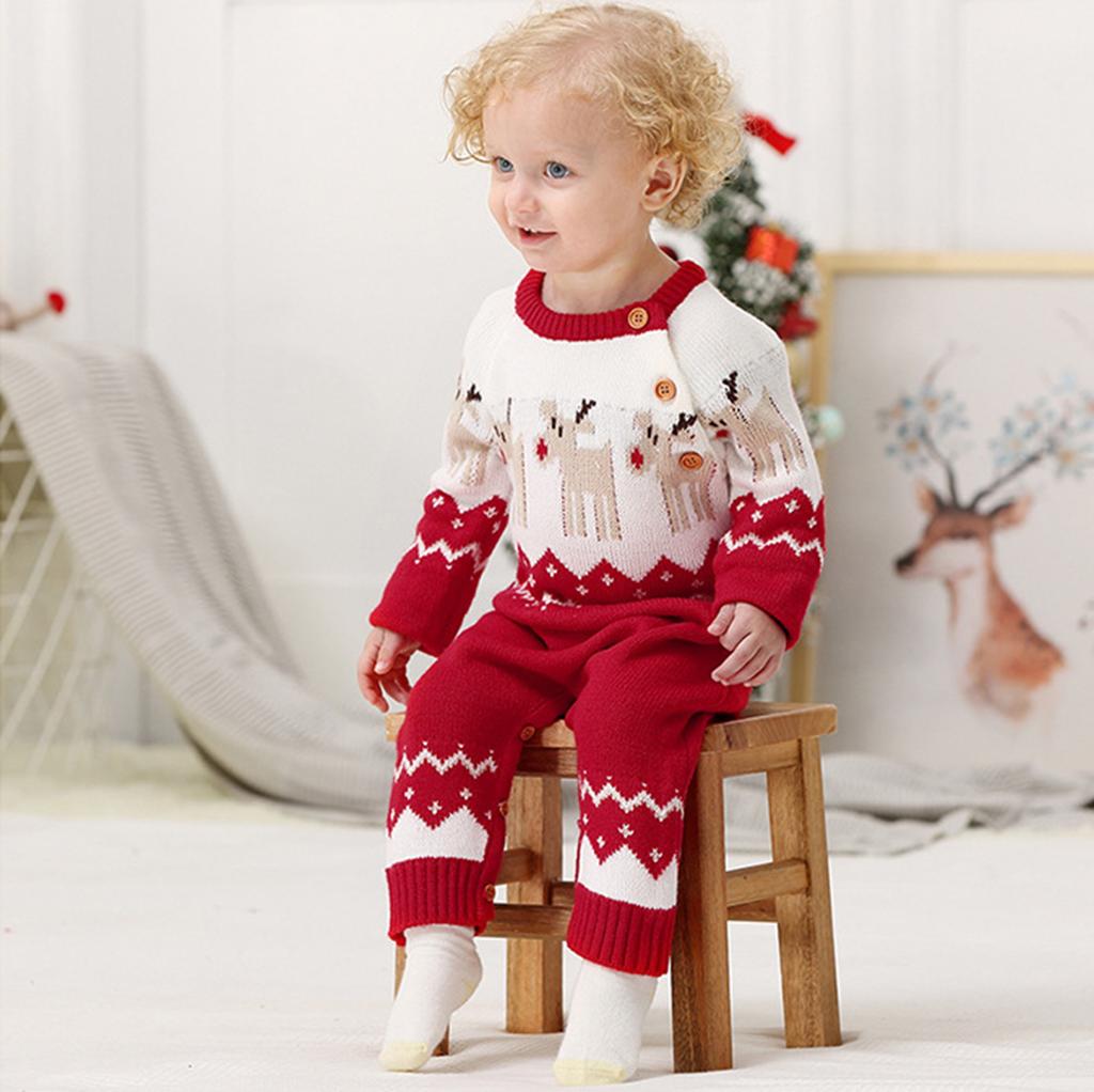Newborn Baby Boy Girl Long Sleeve Knit Cartoon Christmas Romper Jumpsuit Clothes