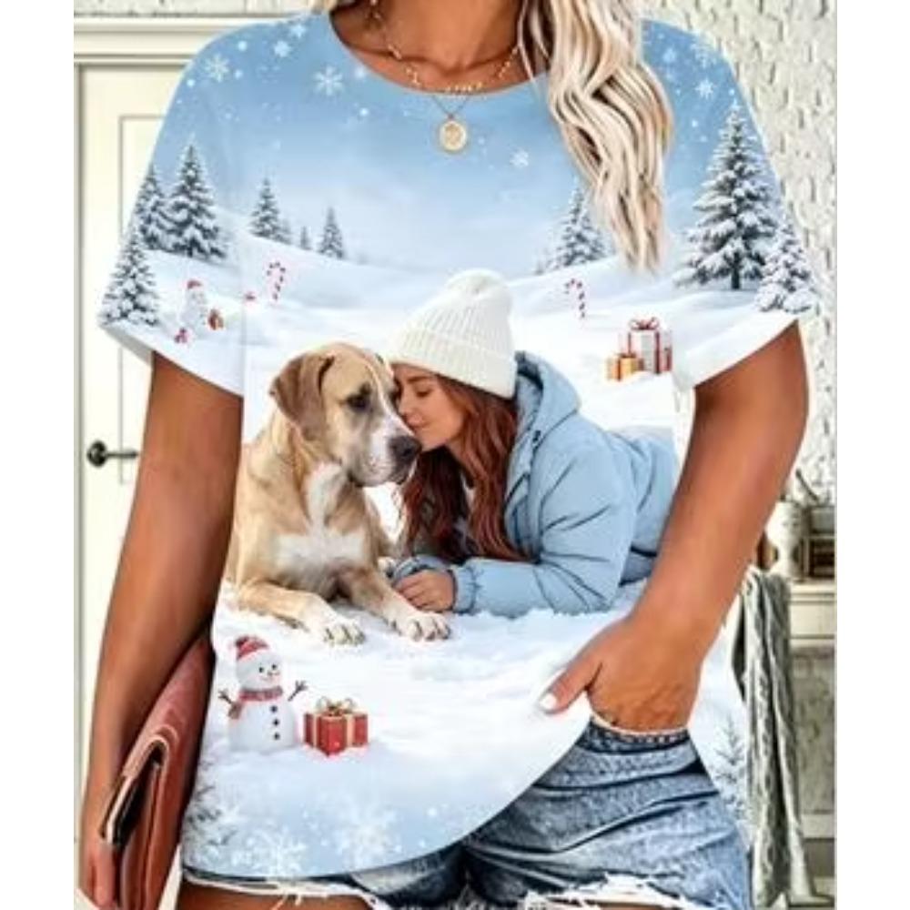 Women Christmas Shiba Inu Puppy T‑Shirt, Girl Playing Snow Winter Xmas Graphic Casual Short Sleeve Tee Holiday Daily Outfit
