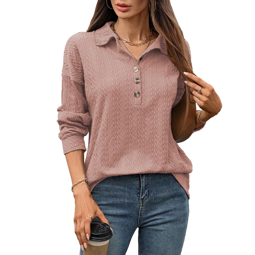 A New Solid-color Lapel Button Loose Long-sleeved Sweatshirt for Women In Autumn and Winter
