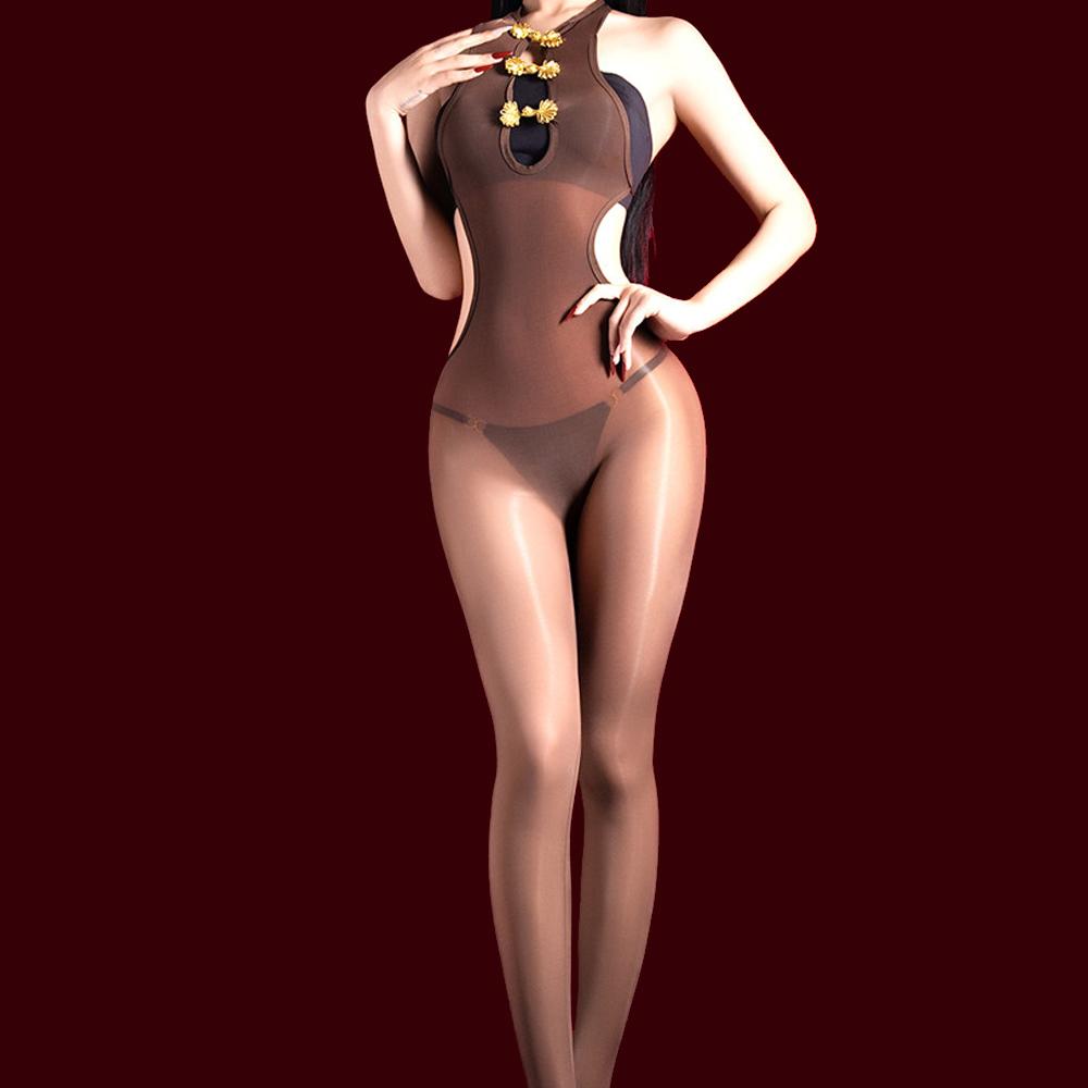 Fashion Women Backless Open Crotch Bodysuit Hollow Out Jumpsuit Oil Shiny Glossy Elastic Tight 5D 912 Pin Bandage Maid Leotard