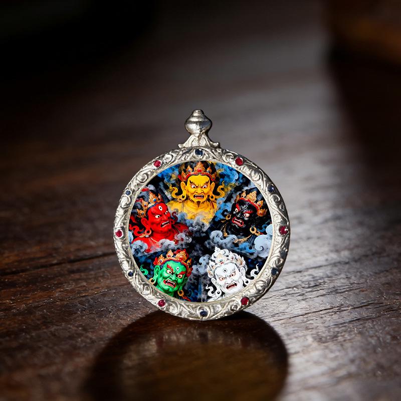 3.5" Silver Conch Shell Copper Thangka Pendant with Green Zhaki Wolf King Design