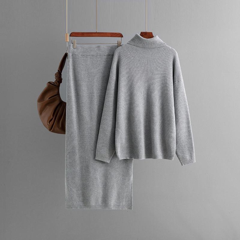 Pullover sweater two-piece set women's autumn and winter new solid color split knitted skirt set