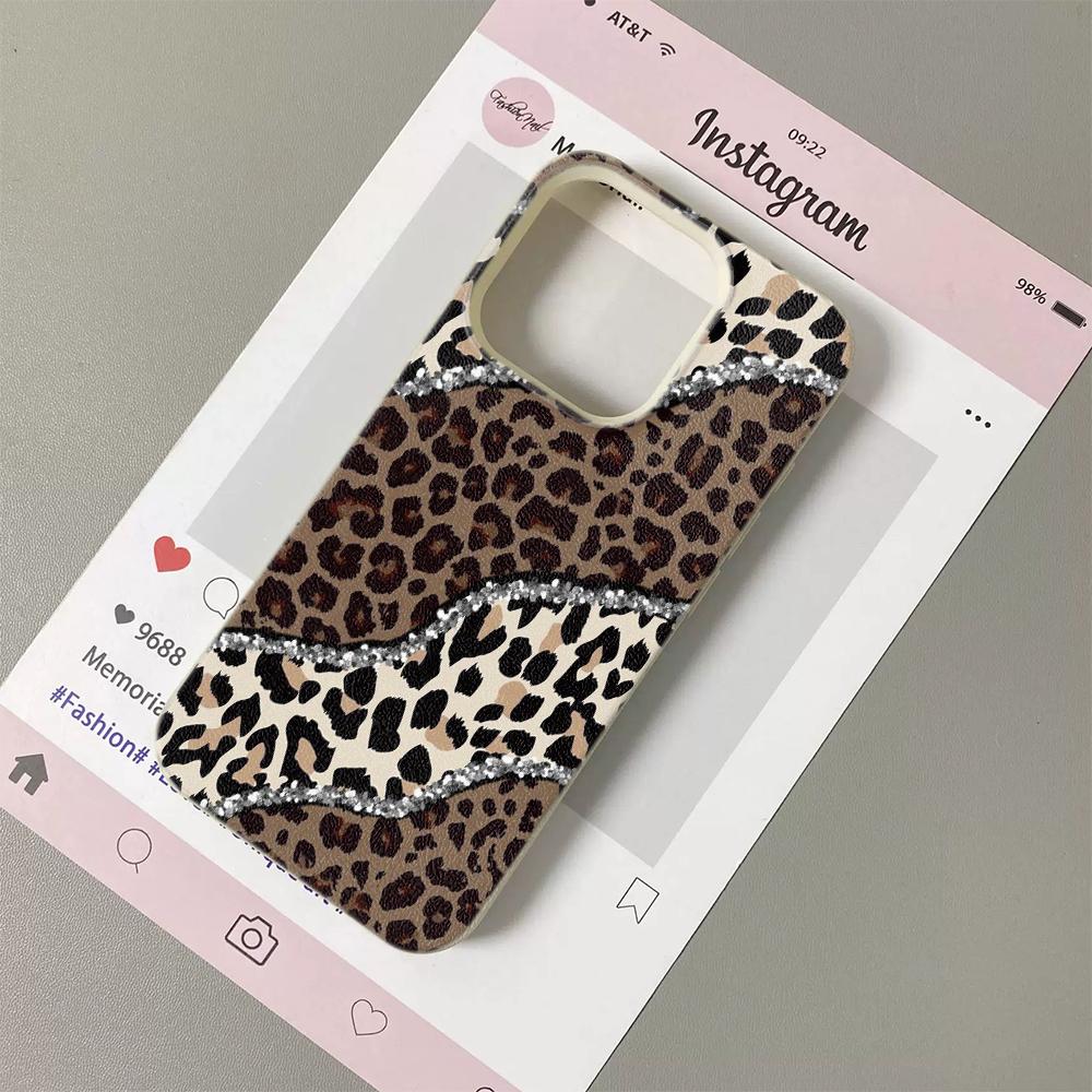 INS Diamond Edged Leopard Print Silicone Phone Case For iPhone 17 17Air 13 16 15 14 12 11 Pro Max Lychee Grain Soft Cover Funda