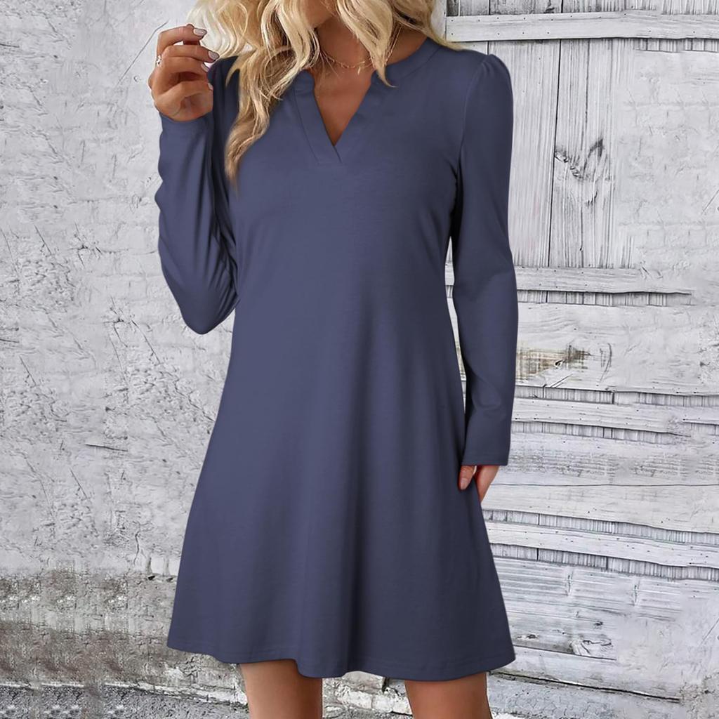 Dresses For Women Loose V Neck A-Line Casual Long Sleeve Dress