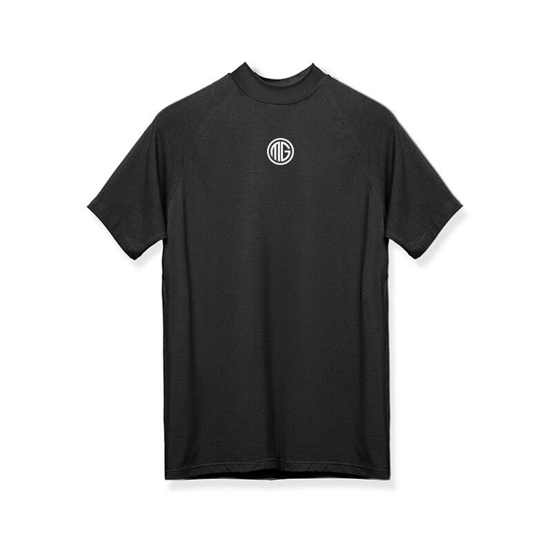 Muscleguys Men's Fitness Semi-high Neck Elastic T-shirt Summer Slim Fit Short Sleeve Streetwear