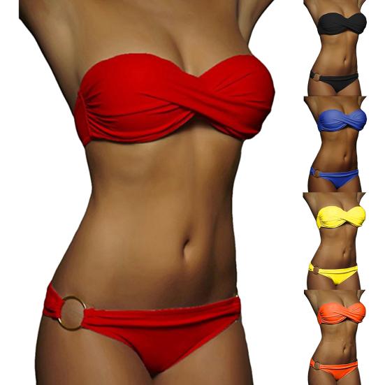 2 Pcs/Set Summer Bikini Solid Color Push Up Strapless Simple Women Swimsuit for Beach