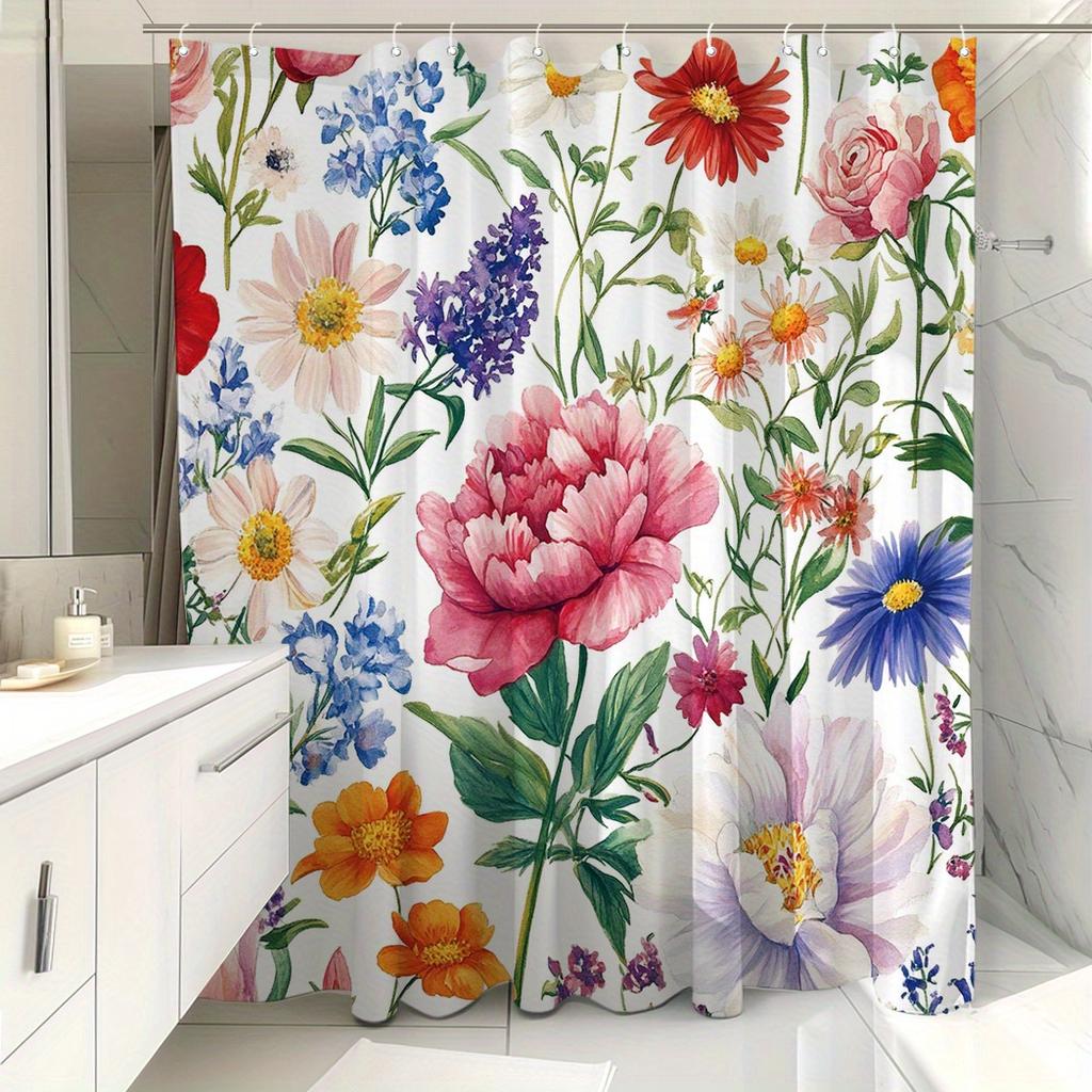 Yuzhiyu Floral Shower Curtain - Water-Resistant Polyester, Fashion Print, 71X71", Machine Washable, 12 Hooks
