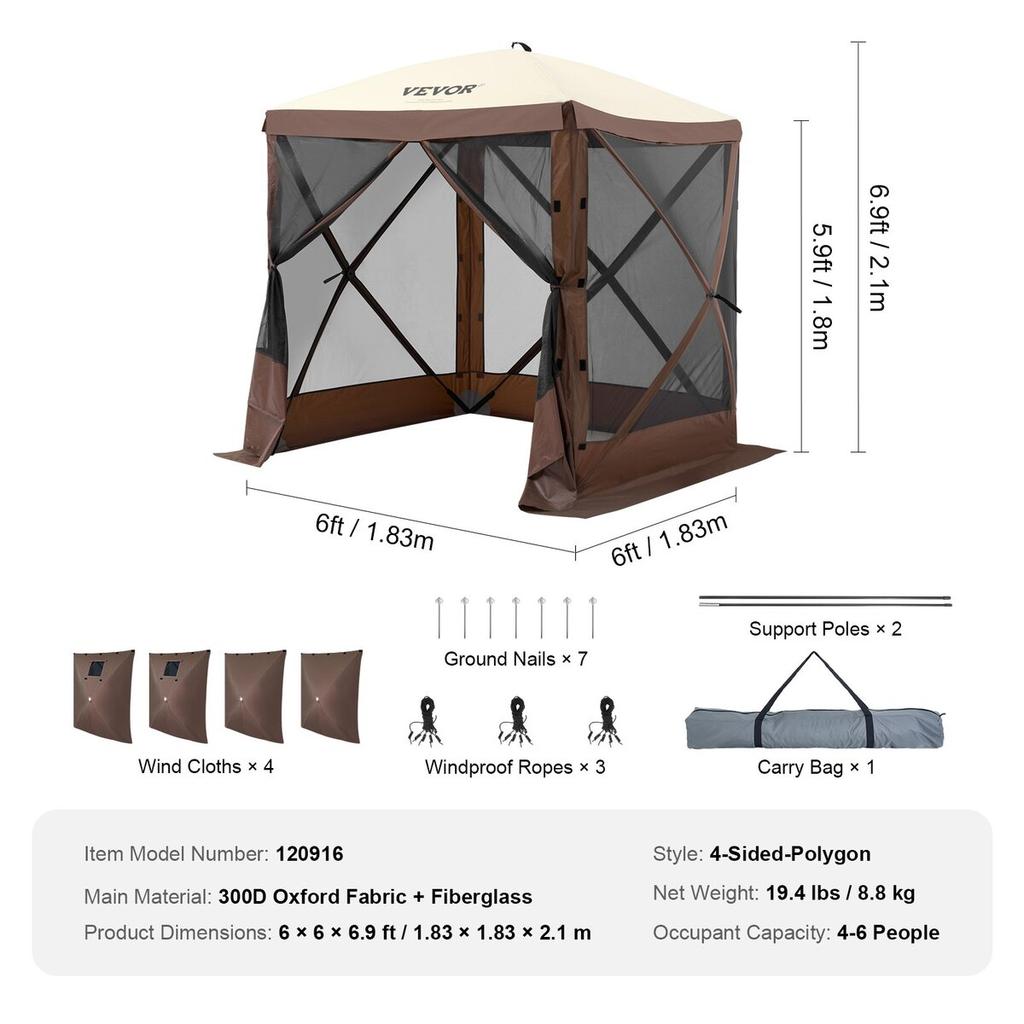 Pop Up Gazebo Tent Pop-Up Screen Tent 4 Sided Canopy Sun Shelter Brown