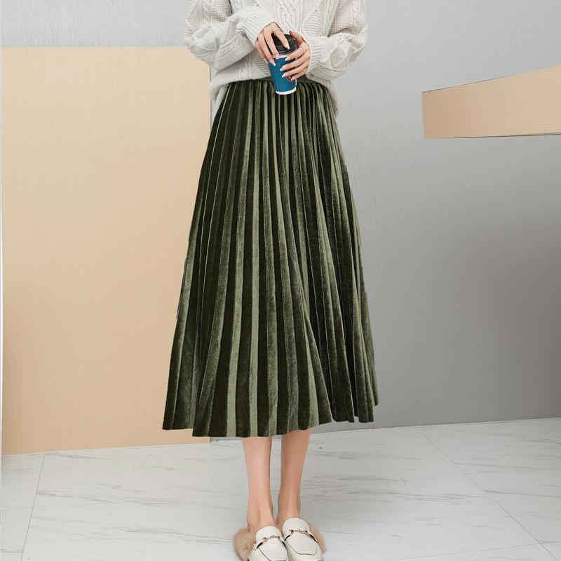 

Qooth Women s Autumn Winter Velvet Pleated Skirts Calf Length Elegant A Line Skirt QT2587 XL зелёный