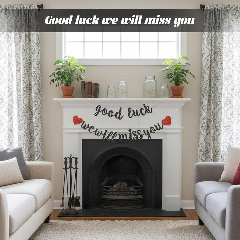 Grevosea Good Luck We Will Miss You Banner, Pre-Strung Glitter Farewell Banner Graduation Retirement Party Decorations for Going Away Farewell Party