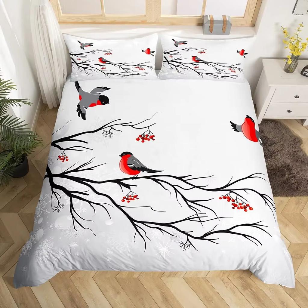 Cartoon Birds Duvet Cover Set Watercolor Branches Animal Bedding Set Comforter Cover Adults Kids Single Full Size Quilt Covers