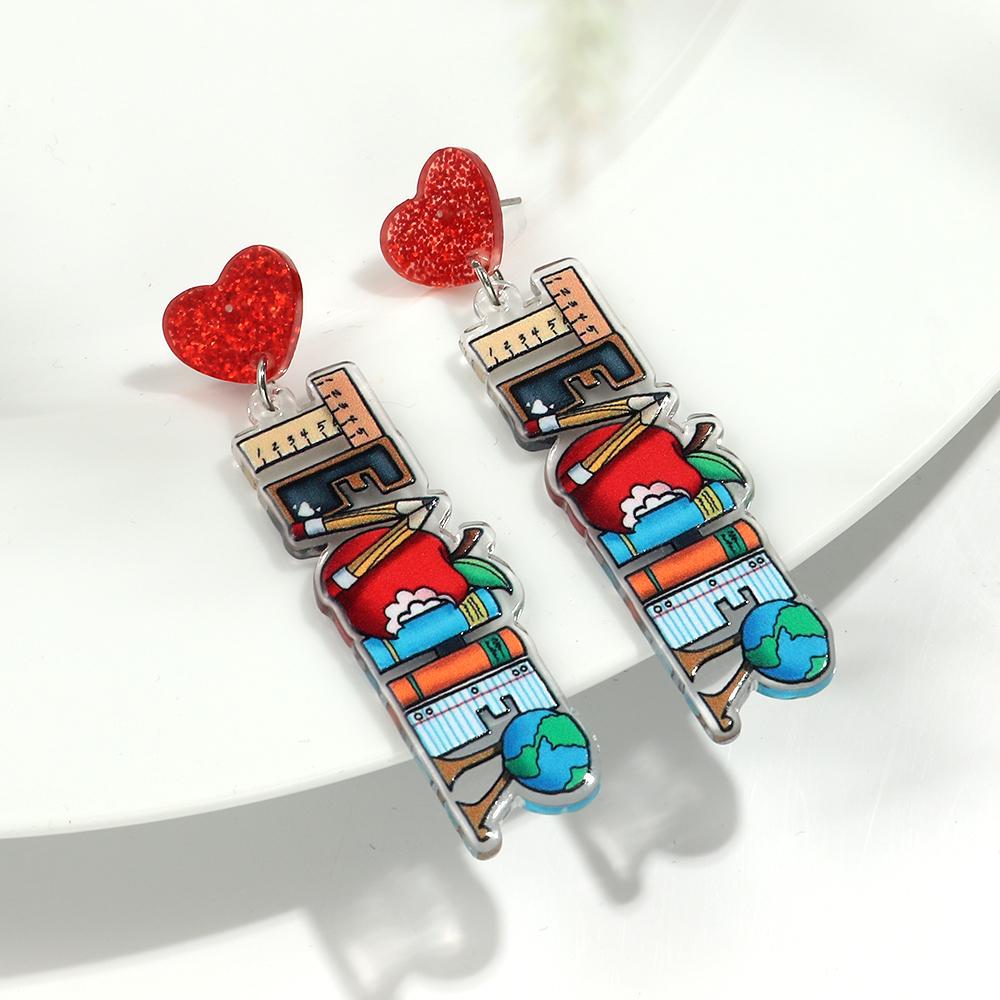 Creative Ruler Pencil Love Apple Acrylic Print Drop Earrings for Women New Colorful Teacher s Day Graduation Season Jewelry Gift