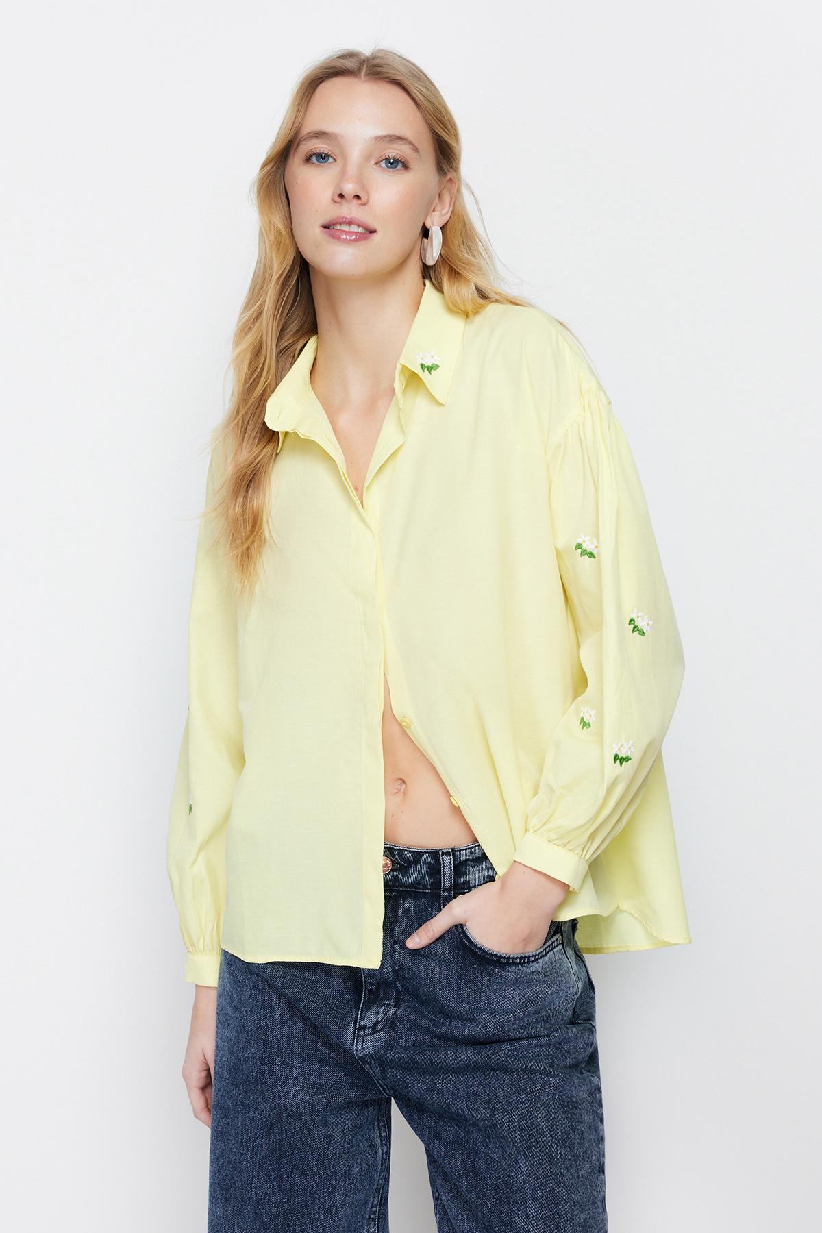 

Women s Fashion New Shirt Yellow Embroidered Cotton Woven Shirt 2XS екрю