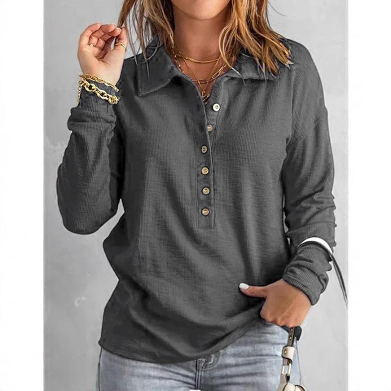 Autumn and winter color threaded women's clothing new lapel button-up top shirt long-sleeved shirt