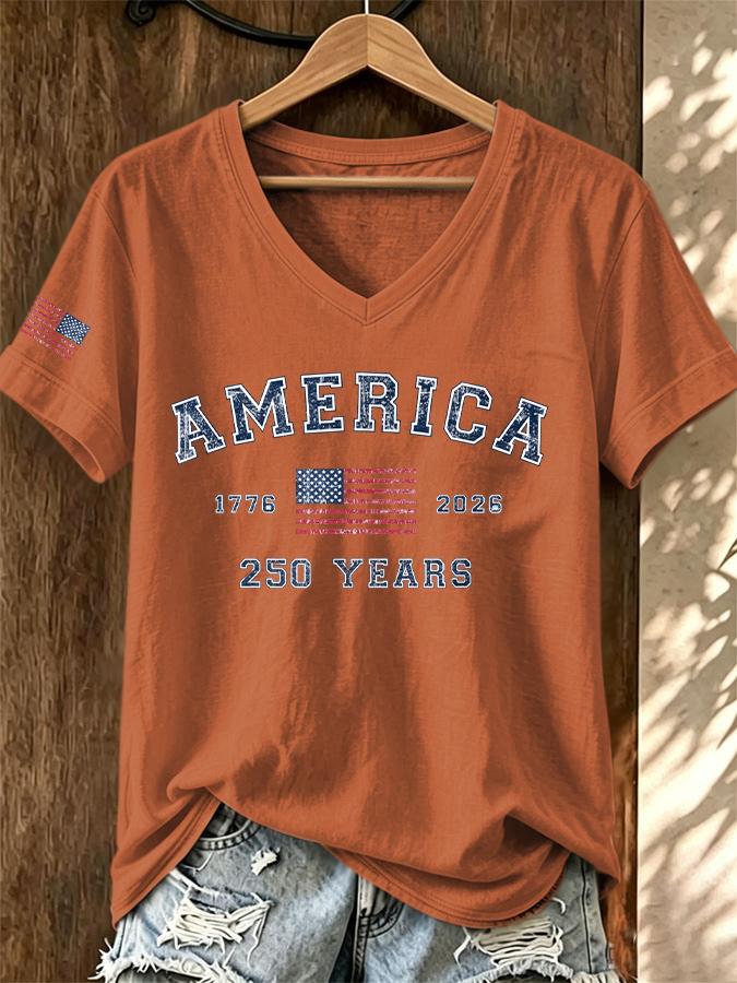 ilstile Women's America 250 Years Print T-Shirts Summer Short Sleeve Casual Loose T Shirt V Neck Tops White Tees Hot Sale
