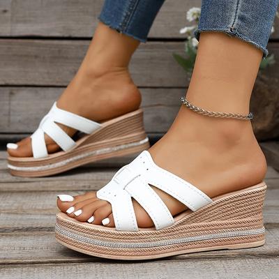 Fashion Fashion Thick Sole Wedge Sandals for Women PU Leather Woven Chunky Platform Slippers Woman Summer Thick Sole Beach Shoes Slides