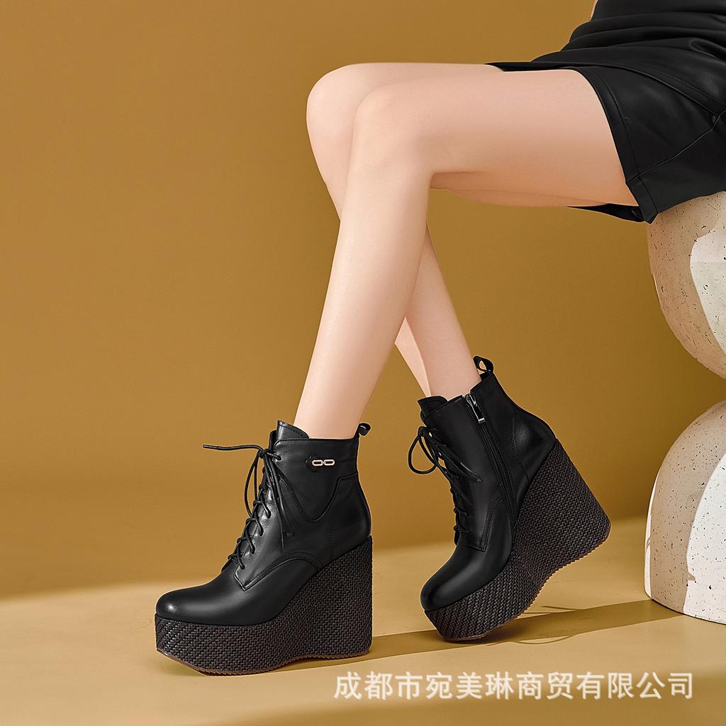 10Cm leather thick-soled wedge heel short boots women's head layer cowhide high heels autumn and winter new front lace-up heightening Martin boots
