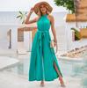 Damen Sommer Casual Einfarbig Ärmellos Neckholder Jumpsuit Lose Hohe Taille Gürtel Weite Beinhose Jumpsuits