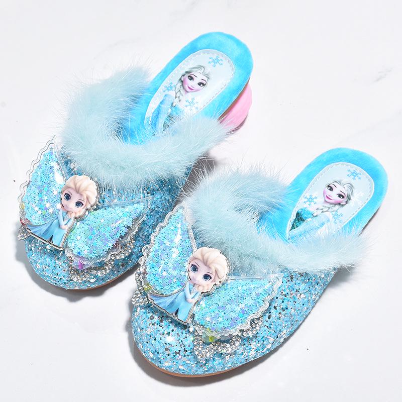 Elsa Winter Plüsch Prinzessin Baumwoll Hausschuhe für Mädchen – Rutschfest, Geschlossene Zehen, Warme Komfortschuhe