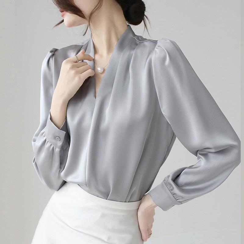 Womens V-Neck Satin Blouse Slim Fit