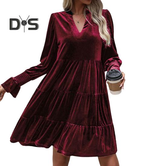 Spring Fall Women Dress Golden Velvet V Neck Pleated Patchwork Long Sleeves A-line Solid Color Knee Length Dating Shopping Midi Dress