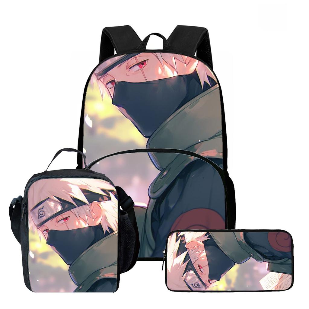 Lightweight NARUTO 3Pcs Set School Backpack Set With Front Pocket Lunch Bag Pencil Bag For Boys Girls Children Aged 5-10