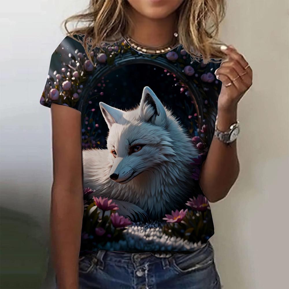 3D Printed Fox Pattern Women's T-shirt Summer Casual Round Neck Top Short Sleeve Loose T-shirt Daily Outing Short Sleeve
