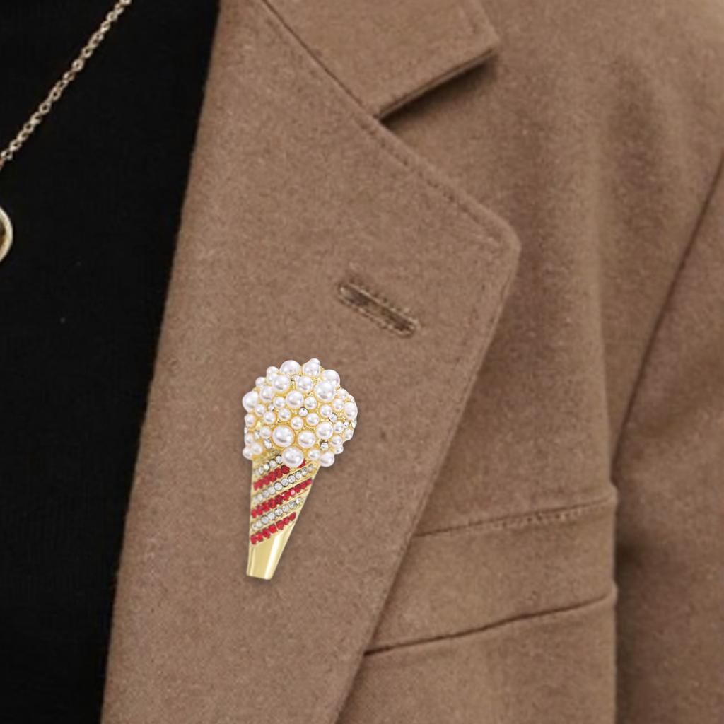 Fashion Ice Cream Cone Shaped Brooch with Sparkling Crystal Pearls Coat Decoration Multi Purpose Clothing Accessory