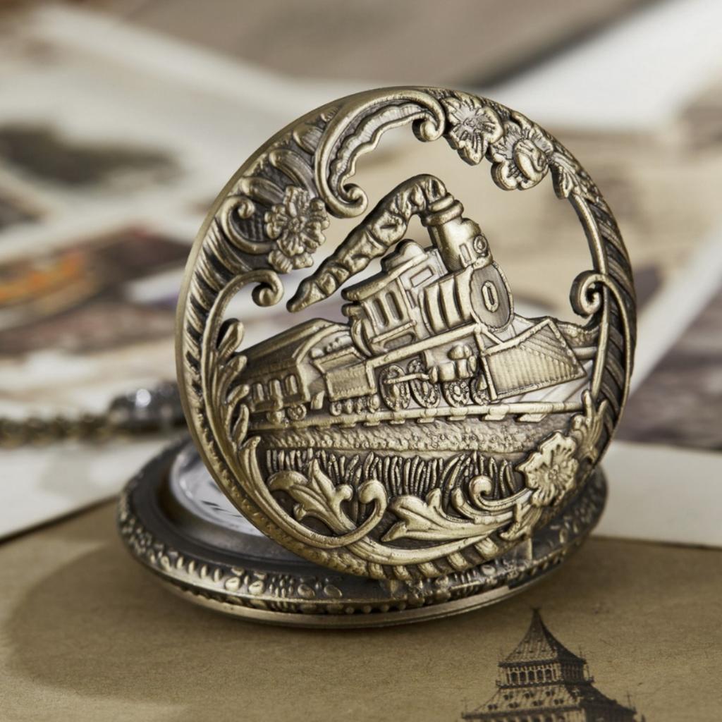 Ceas de buzunar cu colier subțire, sculptat rafinat, locomotivă goală, clasic, retro, nostalgic, cuarț, mare, ceas de buzunar