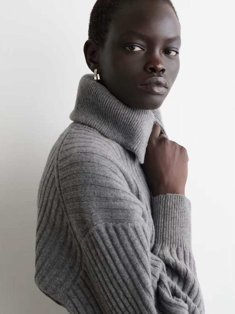 Women's 100% Wool Cardigan Sweater with Lapels and Double Zipper - Solid Color, Loose Fit, High Quality Outerwear