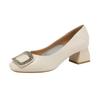 New soft leather thick heel grandma shoes women's head mid heel shallow mouth women's single shoes
