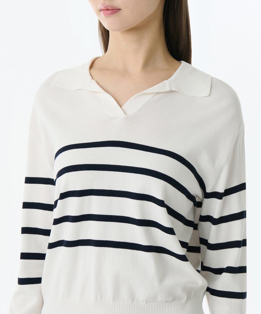MUSINSA STANDARD WOMAN Women'S Striped Slit Neck Long Sleeve Knitted Polo Shirt [Ivory/Navy]
